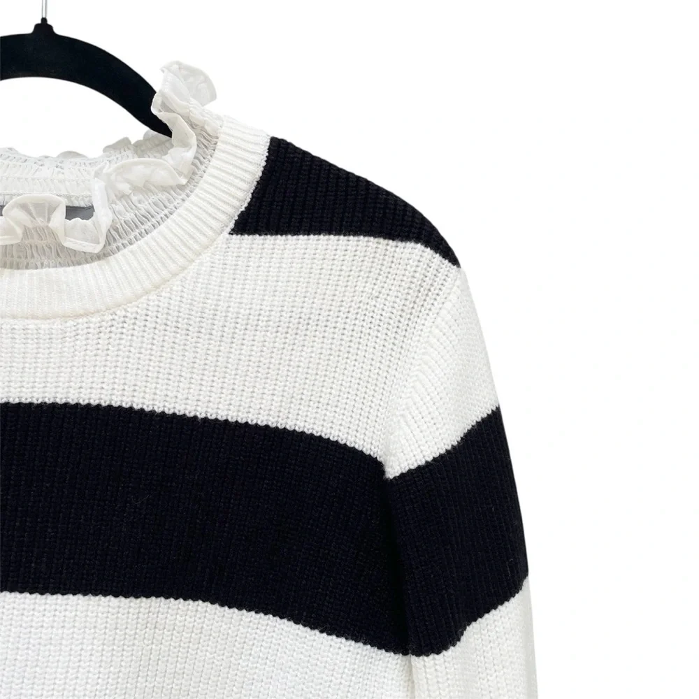 ANTHROPOLOGIE Ruffle Collar Sweater White Black Striped Pullover Medium NWT - Picture 7 of 13